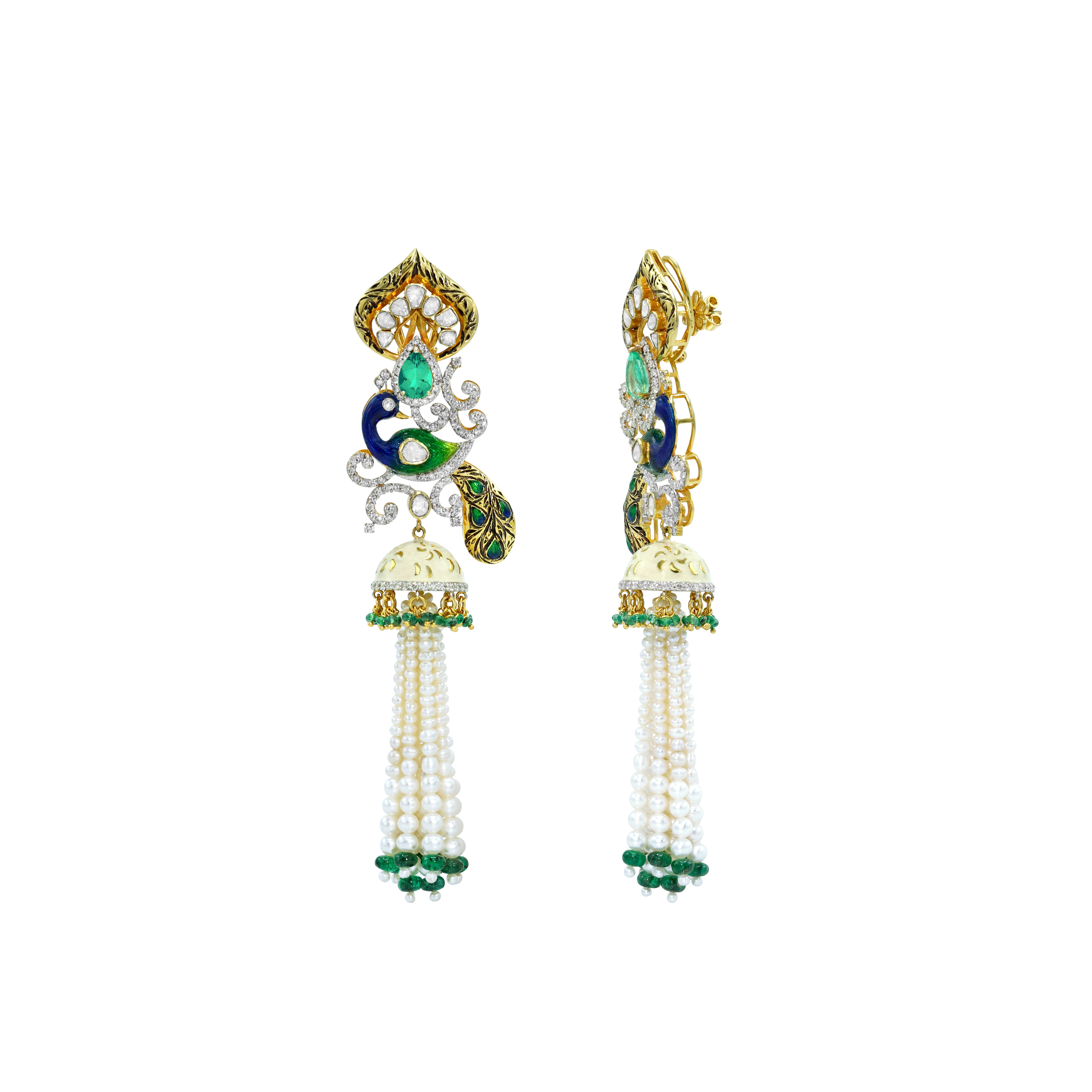 Pearl and Emerald Necklace Set with Polki and Peacock Motifs